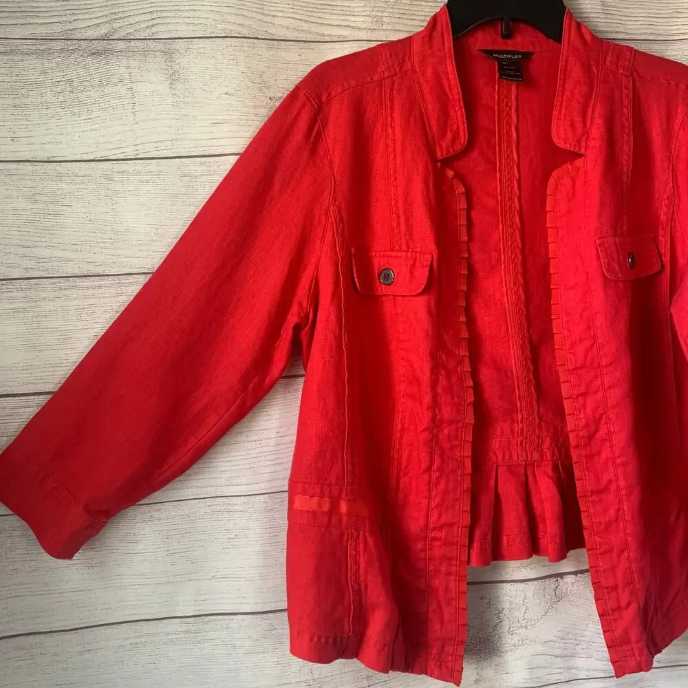 Multiples Pink Linen Blazer Jacket with Ruffle Detail 3/4 Sleeves Size L